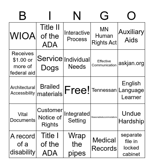 WIOA/ADA BINGO Card