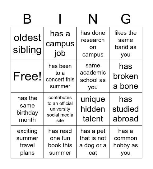 Student Leadership Bingo Card