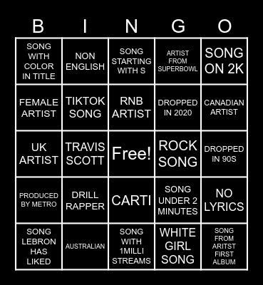 spotify Bingo Card