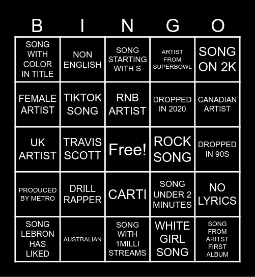 spotify Bingo Card