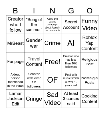 Tiktok Bingo Card