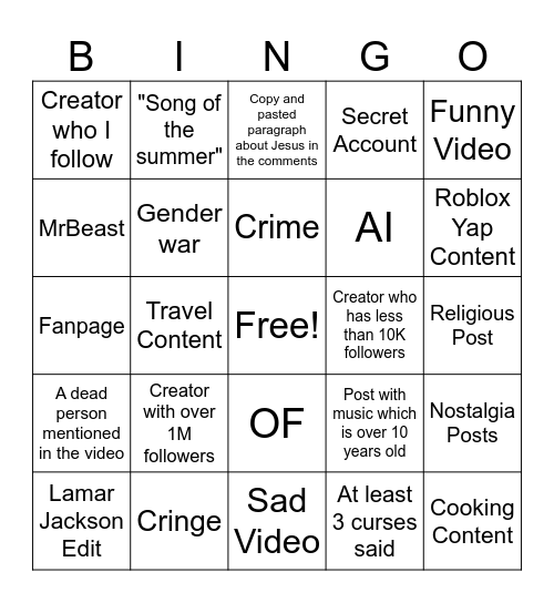 Tiktok Bingo Card