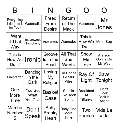 2025 - 1990s Bingo Card