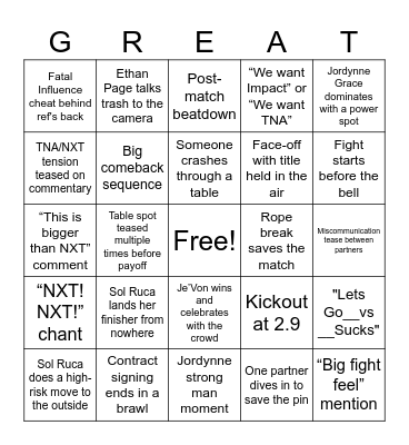 Great American Bash BINGO Card