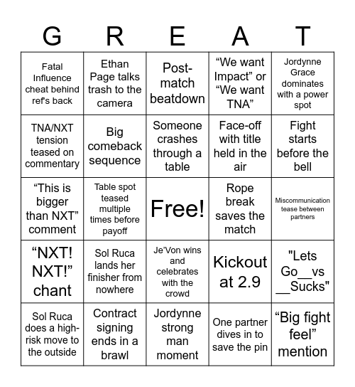 Great American Bash BINGO Card