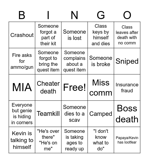 Tarkov Wipe Bingo Card