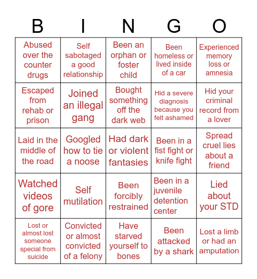 Dark Confessions ⚠️TW ⚠️ ‼️ Part 1 Bingo Card