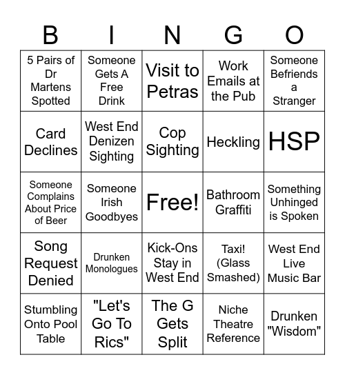 Underground Theatre Company Bar Crawl 2025 Bingo Card