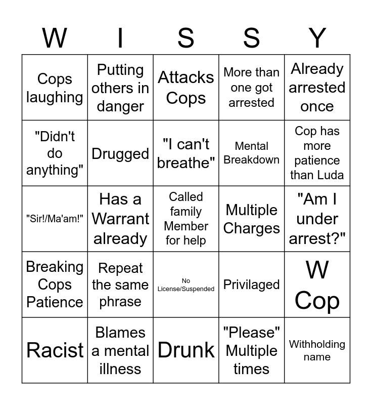 Luda's Law and Crime Bingo Card