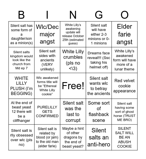 Beast yeast ep 11-12 predictions Bingo Card