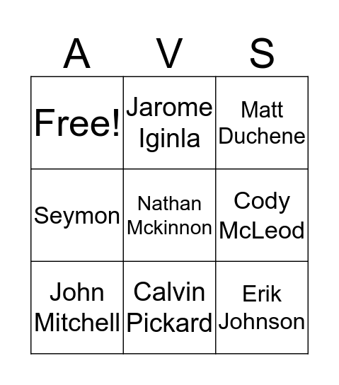 Colorado Avalanche Bingo Card