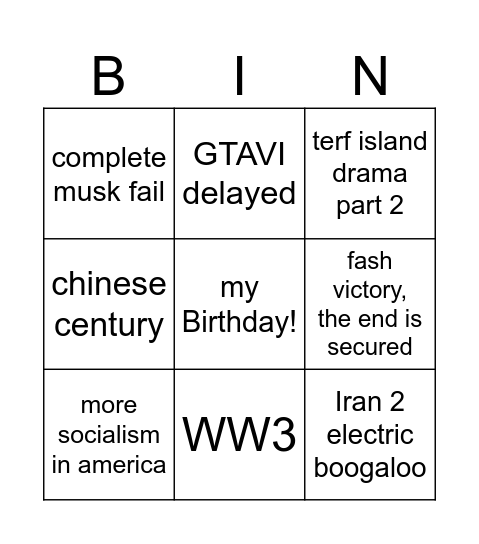 2026 Bingo Card Bingo Card