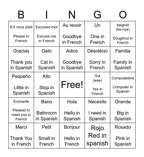 Language Bingo Card