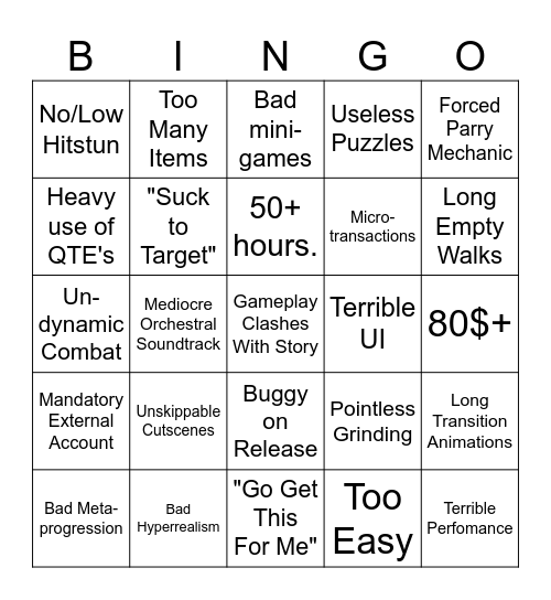 Mainstream Game Design Bingo Card