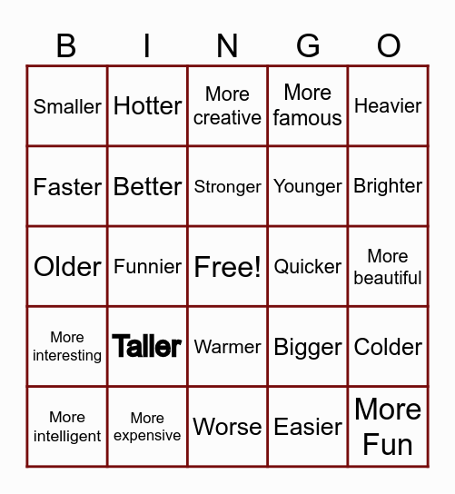 Comparatives Bingo Card