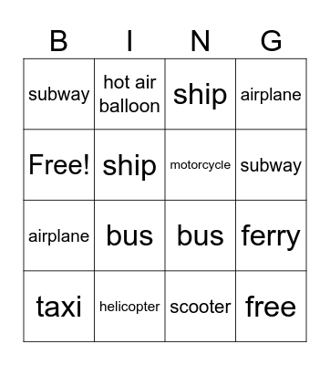 transportation Bingo Card