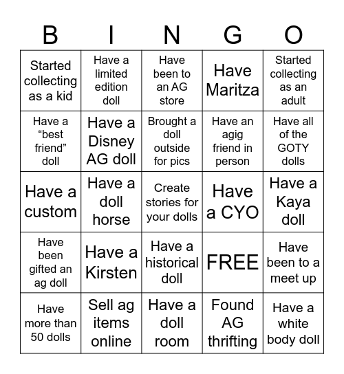 AG collector Bingo Card