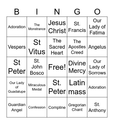 Catholic Bingo Card
