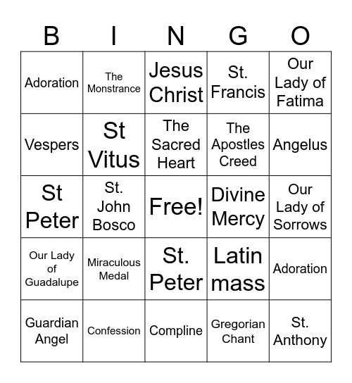 Catholic Bingo Card
