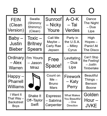 Musical Bingo Card