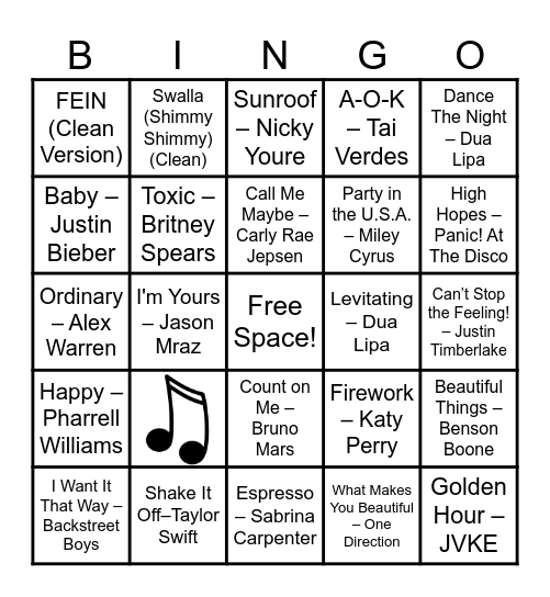 Musical Bingo Card