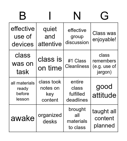Class bingo Card