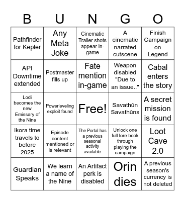 The Edge of Fate Day 1 Bingo! Bingo Card
