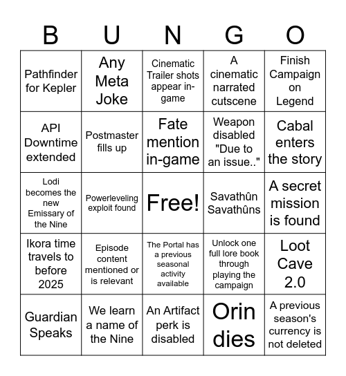 The Edge of Fate Day 1 Bingo! Bingo Card