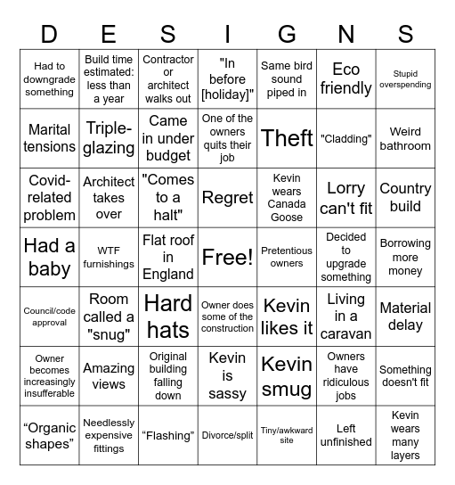 Grand Designs Version 3 Bingo Card