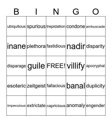 Vocabulary Bingo Card