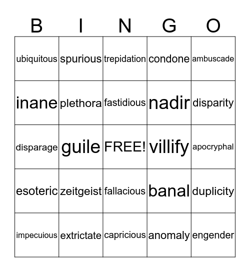 Vocabulary Bingo Card