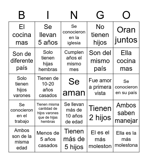 Bingo de Pareja Bingo Card