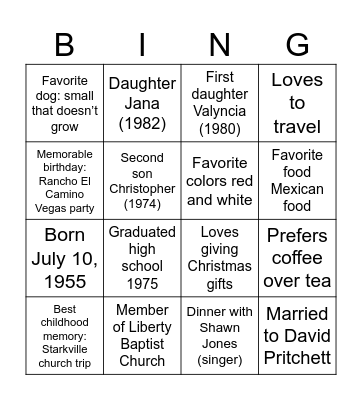 Christne 70th Birthday Bingo Card