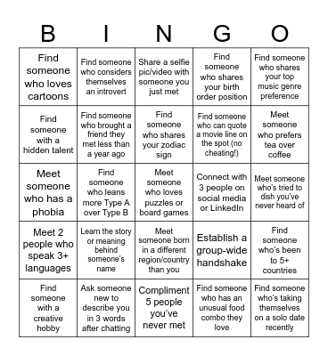 Me+1 Picnic Social Bingo Card