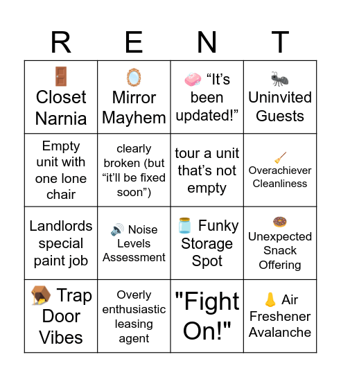 Apartment Hunting "RENT" Bingo Card