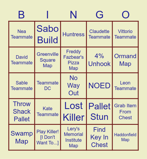 Survivor Dead by Daylight Bingo Card