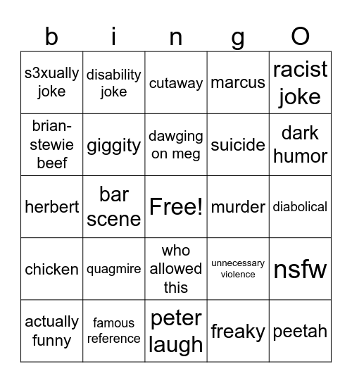family guy fun moment bingo Card