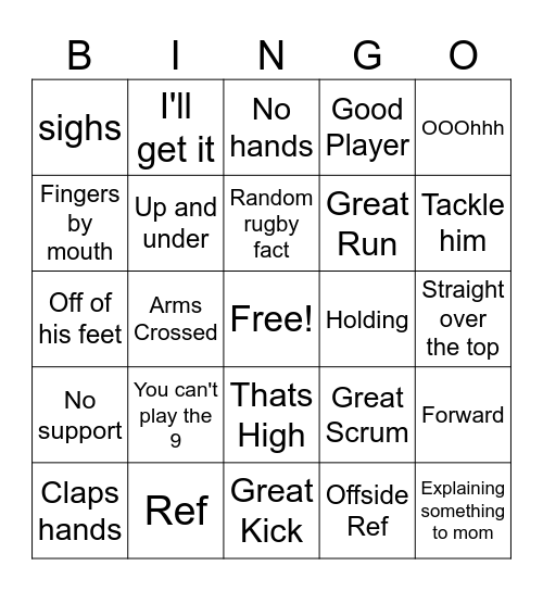Rugby Bingo Card