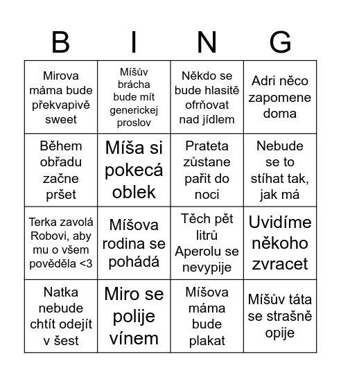 M + M svatba Bingo Card