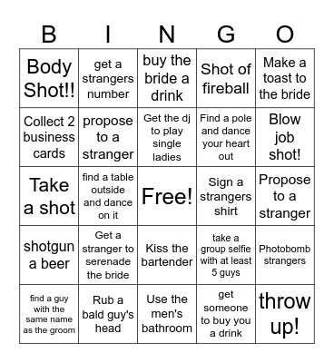 Bachelorette Party Bingo Card