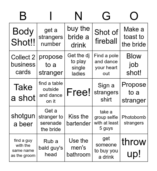 Bachelorette Party Bingo Card