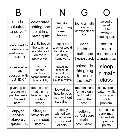 Never Have I Ever Bingo Card