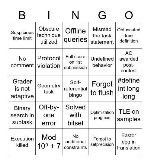 Competition Bingo Card