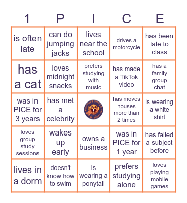 PICE Breaker Bingo Card