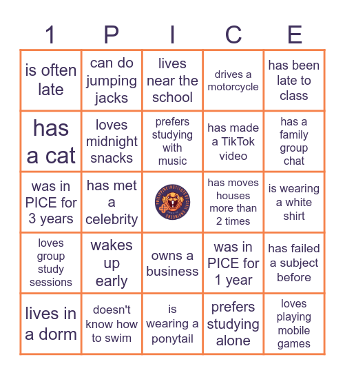 PICE Breaker Bingo Card