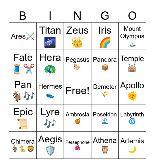 Ancient Greek Mythology Bingo Card