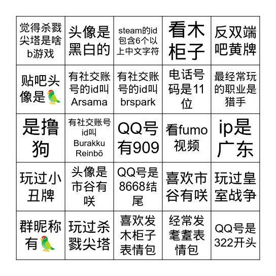 🦜bingo，五个连成一线你就是🦜 Bingo Card