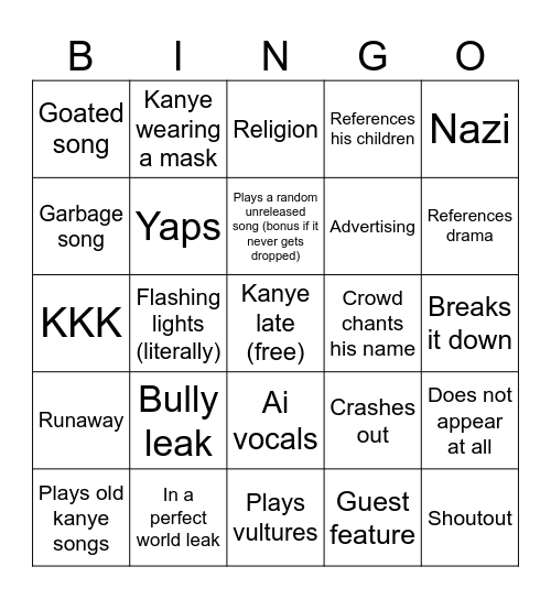 Kanye concert bingo Card