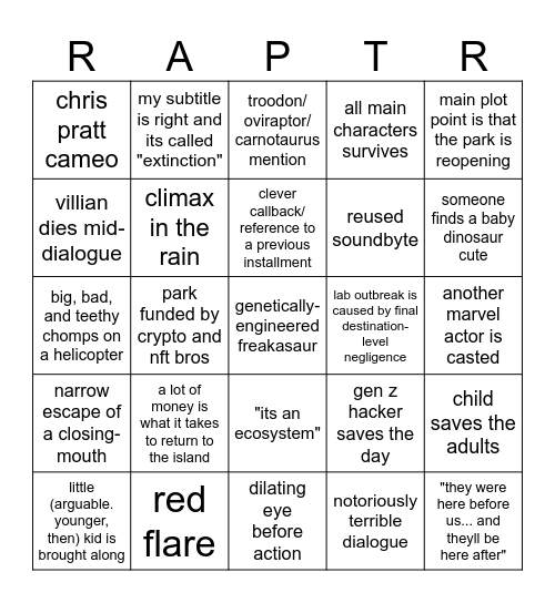 Jurassic Universe: Extinction Bingo Card