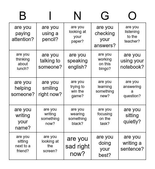 Present Progressive Questions Bingo Card
